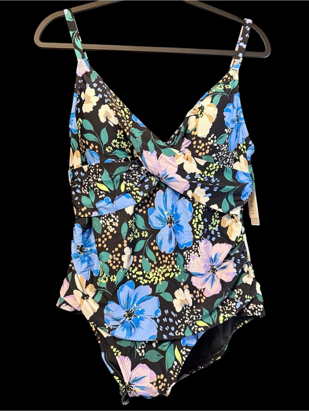 Jantzen Wrap Neck One-Piece Swimsuit Adjustable Straps Blue Black Floral NWT